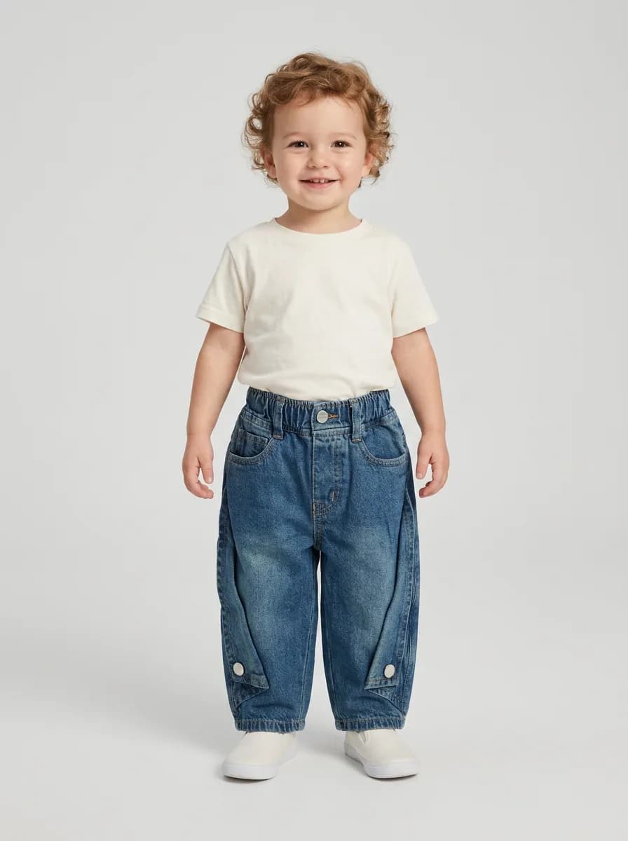 Kids Mid-Blue Washed Denim Cargo Pants