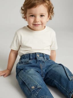 Kids Mid-Blue Washed Denim Cargo Pants
