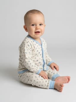 Baby Floral Print Full Sleeve Front-Open Top and Pyjama Set in Off-White and Light Blue