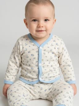 Baby Floral Print Full Sleeve Front-Open Top and Pyjama Set in Off-White and Light Blue