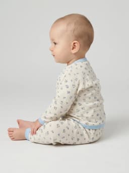 Baby Floral Print Full Sleeve Front-Open Top and Pyjama Set in Off-White and Light Blue